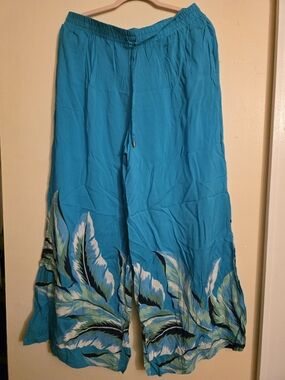 Women's Teal Tropical Print Cropped Wide-Leg Pants